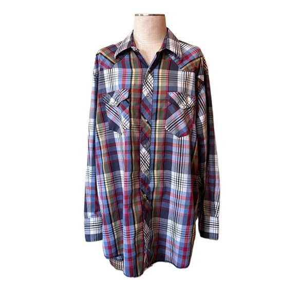 Men’s Lot Wrangler XL Tall Western Plaid Long Sleeve Shirt Pearl Snap Button - Picture 2 of 9